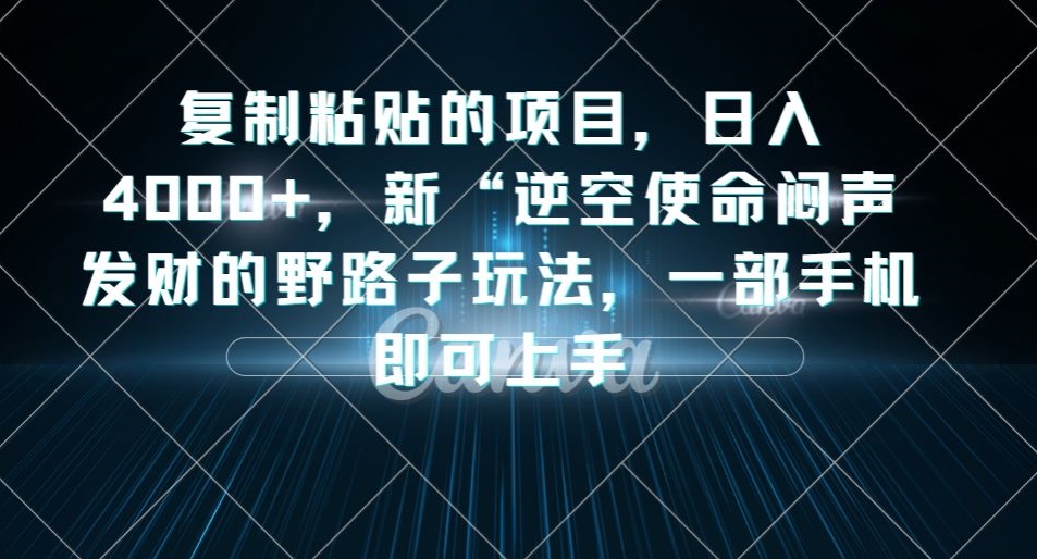 复制粘贴的项目，日入4000+，新“逆空使命“闷声发财的野路子玩法，一部手机即可上手-沐风资源库