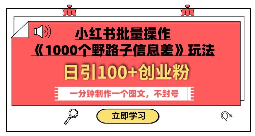小红书批量操作《1000个野路子信息差》玩法，一分钟制作一个图文，不封号，日引100+创业粉-沐风资源库