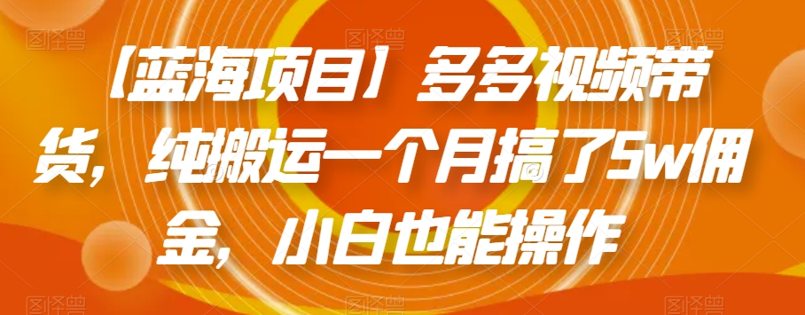 【蓝海项目】多多视频带货，纯搬运一个月搞了5w佣金，小白也能操作【揭秘】-沐风资源库