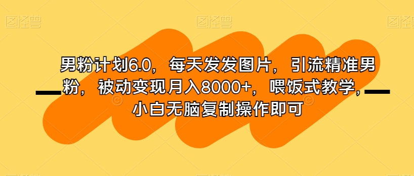 男粉计划6.0，每天发发图片，引流精准男粉，被动变现月入8000+，喂饭式教学，小白无脑复制操作即可-沐风资源库