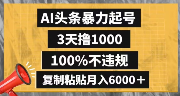 AI头条暴力起号，3天撸1000,100%不违规，复制粘贴月入6000＋【揭秘】-沐风资源库