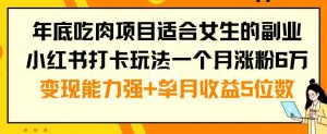 年底吃肉项目适合女生的副业小红书打卡玩法一个月涨粉6万+变现能力强+单月收益5位数【揭秘】-沐风资源库