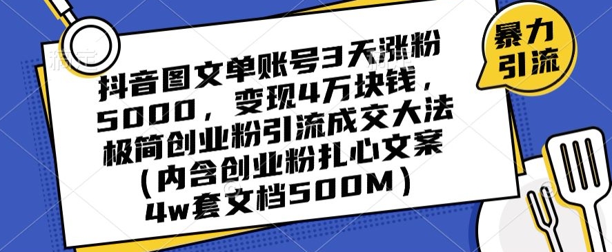 抖音图文单账号3天涨粉5000，变现4万块钱，极简创业粉引流成交大法-沐风资源库