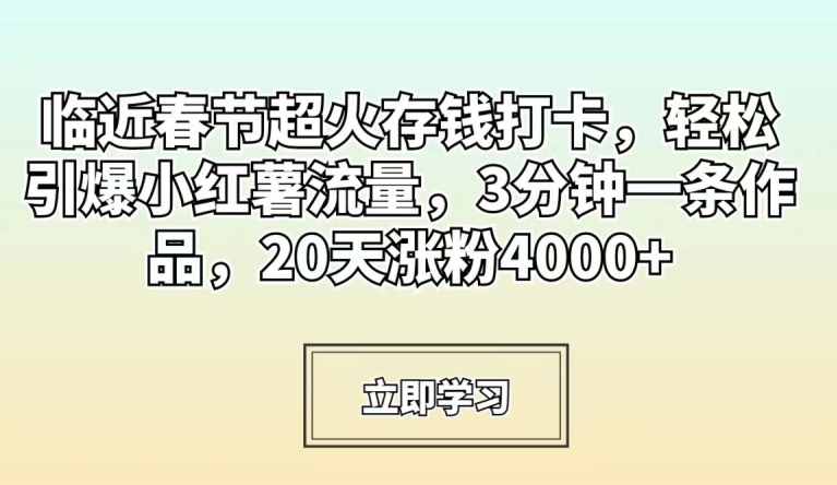 临近春节超火存钱打卡，轻松引爆小红薯流量，3分钟一条作品，20天涨粉4000+【揭秘】-沐风资源库