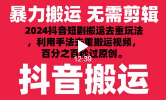 2024最新抖音搬运技术，抖音短剧视频去重，手法搬运，利用工具去重，达到秒过原创的效果【揭秘】-沐风资源库