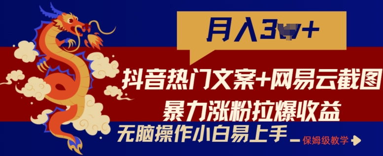 抖音热门文案+网易云截图暴力涨粉拉爆收益玩法，小白无脑操作，简单易上手【揭秘】-沐风资源库