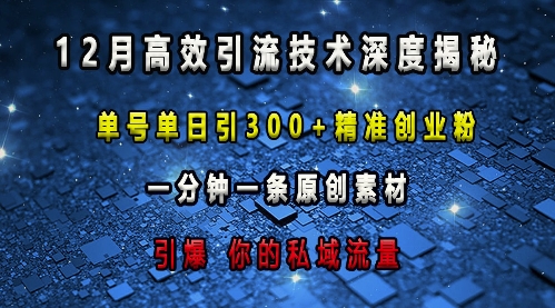 最新高效引流技术深度揭秘 ，单号单日引300+精准创业粉，一分钟一条原创素材，引爆你的私域流量-沐风资源库