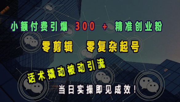 小额付费引爆 300 + 精准创业粉，零剪辑、零复杂起号，话术撬动被动引流，当日实操即见成效-沐风资源库