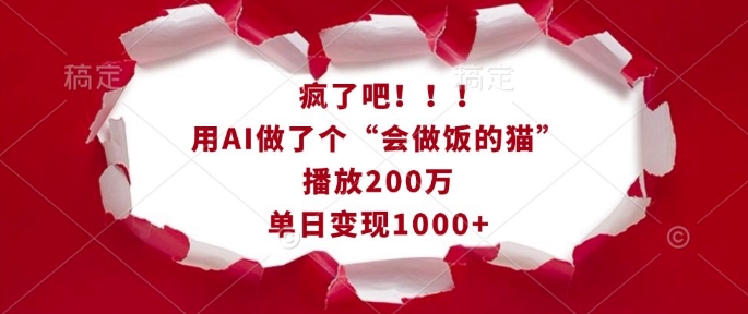 疯了吧！用AI做了个“会做饭的猫”，播放200万，单日变现1k-沐风资源库
