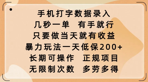 手机打字数据录入，几秒一单，有手就行，只要做当天就有收益，暴力玩法一天低保2张-沐风资源库
