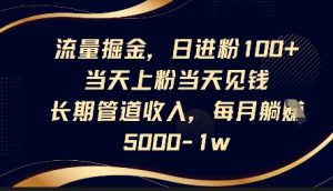流量掘金，日进粉100+，当天上粉当天见钱，长期管道收入，每月躺挣5k-沐风资源库
