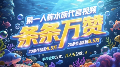 第一人称水族代言视频，条条万赞，20条作品涨粉7.8W，多种变现方式月入五位数-沐风资源库