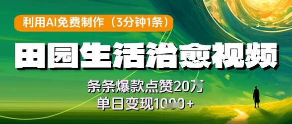 利用AI免费制作田园生活治愈视频，条条爆款点赞20W，单日变现几张-沐风资源库