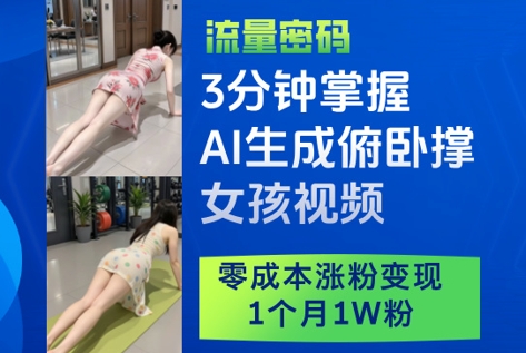 3分钟掌握AI生成俯卧撑女孩视频，零成本涨粉变现，1个月1W粉-沐风资源库