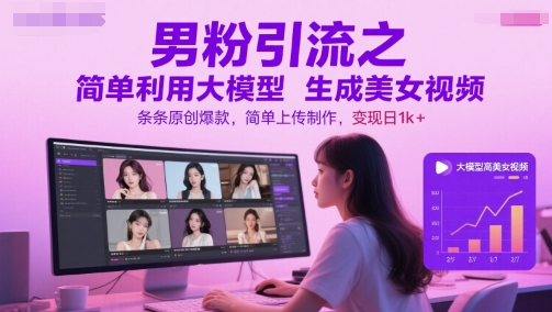 男粉引流之简单利用大模型生成美女视频，条条原创爆款，简单上传制作，变现日1k+-沐风资源库