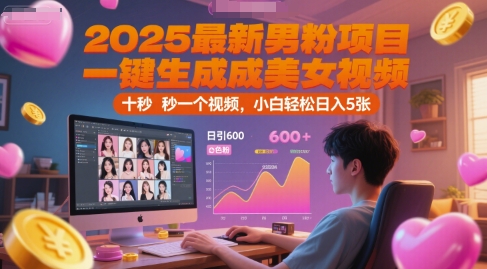2025最新男粉项目，一键生成美女视频，日引600+色粉 十秒一个视频，小白轻松日入5张【揭秘】-沐风资源库