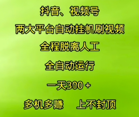 抖音视频号两大平台自动运行，全程脱离人工，自动获取收益，一天3张+，多机多挣，上不封顶【揭秘】-沐风资源库