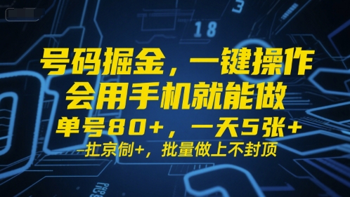 号码掘金，一键操作，会用手机就能做，单号80+，一天5张+，批量做上不封顶【揭秘】-沐风资源库