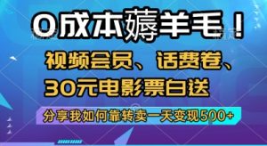 0成本薅羊毛!视频会员、话费卷、30元电影票白送，分享我如何靠转卖一天变现5张+【揭秘】-沐风资源库