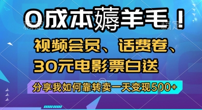 0成本薅羊毛!视频会员、话费卷、30元电影票白送，分享我如何靠转卖一天变现5张+【揭秘】-沐风资源库