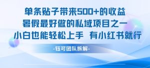 单条贴子带来5张的收益，暑假最好做的私域项目之一，小白也能轻松上手，有小红书就行-沐风资源库
