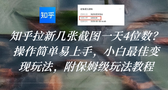 知乎拉新几张截图一天4位数？操作简单易上手，小白最佳变现玩法，附保姆级玩法教程-沐风资源库