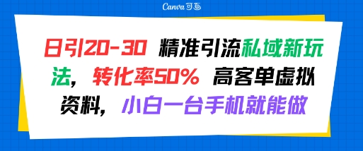 日引 20-30 精准引流私域新玩法，转化率50% 高客单虚拟资料，小白一台手机就能做-沐风资源库