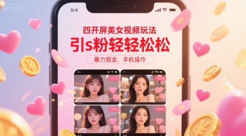 四开屏美女视频玩法,引s粉轻轻松松,暴力掘金,手机操作【揭秘】-沐风资源库