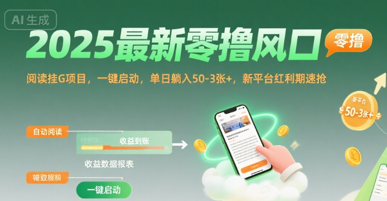 2025最新零撸风口，阅读挂G项目，一键启动，单日躺入 50-3张+，新平台红利期速抢【揭秘】-沐风资源库