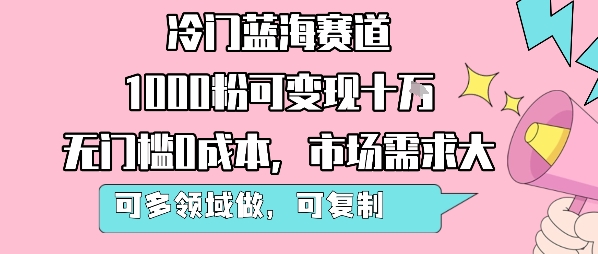 冷门蓝海赛道，1000粉可变现十W，无门槛0成本，市场需求大，可多领域做，可复制性强-沐风资源库