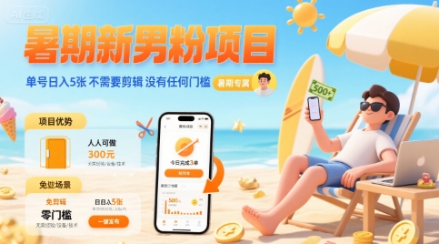 暑期新男粉项目 单号日入5张 不需要剪辑  没有任何门槛-沐风资源库