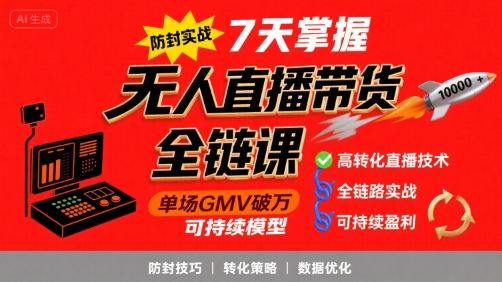 无人直播带货全链防封实战课，7天掌握高转化直播技术，实现单场GMV破万可持续模型-沐风资源库