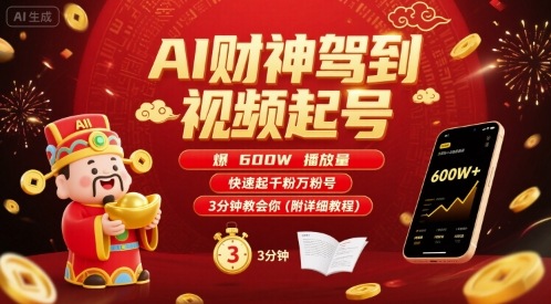 AI财神驾到视频起号，爆600W播放量，快速起千粉万粉号，3分钟教会你(附详细教程)-沐风资源库