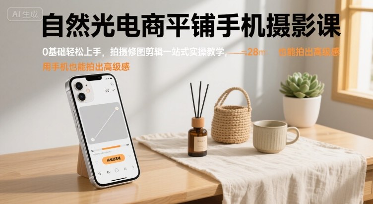 自然光电商平铺手机摄影课，0基础轻松上手，拍摄修图剪辑一站式实操教学，用手机也能拍出高级感-沐风资源库
