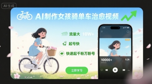 AI制作女孩骑单车治愈视频，流量大，起号快，快速起千粉万粉号-沐风资源库