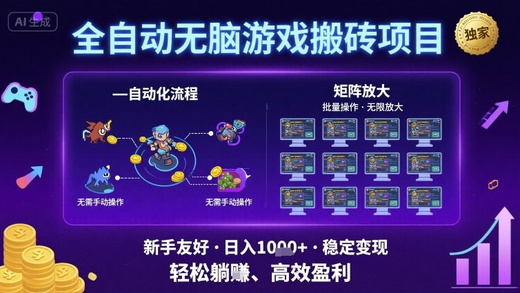 全自动无脑游戏搬砖项目，独家玩法，可批量矩阵无限放大，新手也能轻松日入1k+【揭秘】-沐风资源库