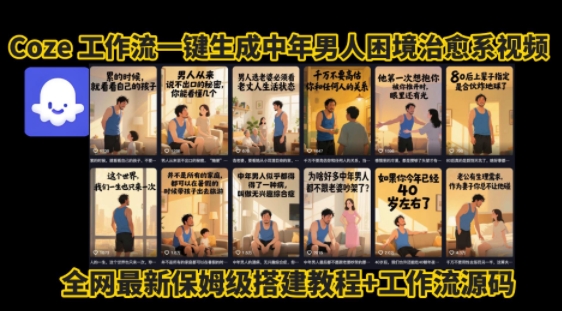 coze工作流一键生成”中年男人困境扎心高涨粉高播放量图文视频”保姆级拆解教程，无需剪辑，无需拍摄写文案-沐风资源库