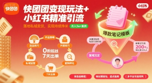 快团团变现玩法+小红书精准引流技巧，助你真正落地私域卖货，实现持续挣米-沐风资源库