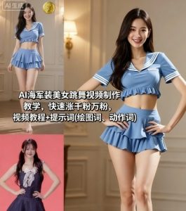 AI海军装美女跳舞视频制作教学，快速涨千粉万粉，视频教程+提示词(绘图词、动作词)-沐风资源库