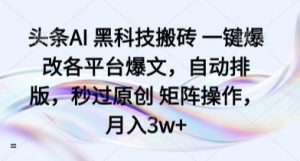头条AI 黑科技搬砖 一键爆改各平台爆文，自动排版，秒过原创 矩阵操作，月入3w+【揭秘】-沐风资源库