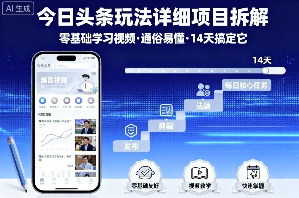 今日头条玩法详细项目拆解，零基础学习视频 通俗易懂 14天搞定它-沐风资源库