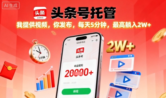 【头条号托管】我提供视频，你发布，每天5分钟，最高躺入2W+【揭秘】-沐风资源库