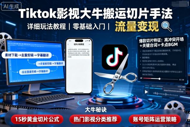 Tiktok影视大牛搬运切片手法，详细玩法教程-沐风资源库