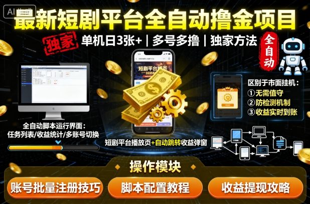 最新短剧平台全自动挂G撸金项目，单机一天3张+，多号多撸，区别于市面所有挂机项目，独家方法【揭秘】-沐风资源库