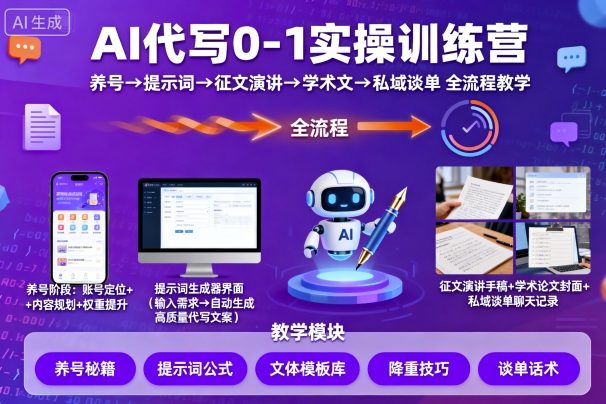 AI代写0-1实操训练营，从养号、提示词、征文演讲、学术文，到私域谈单的全流程教学-沐风资源库