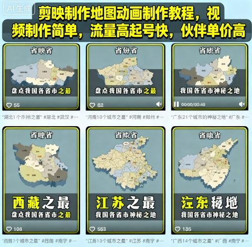剪映制作地图动画制作教程，视频制作简单，流量高起号快，伙伴单价高-沐风资源库
