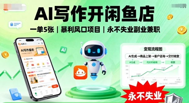 AI写作开闲鱼店，一单5张，暴利风口项目，永不失业副业兼职【全网首发】-沐风资源库