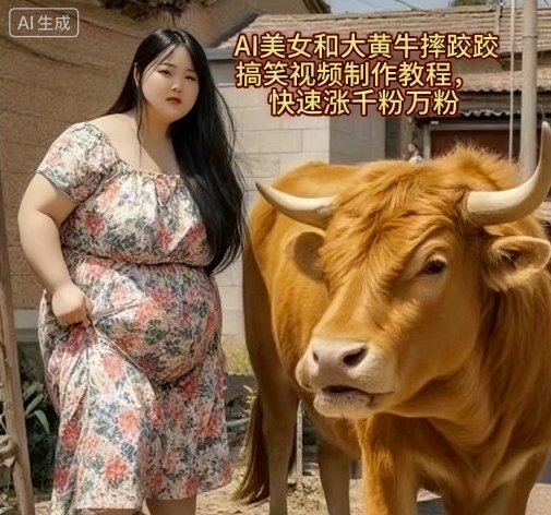 AI美女和大黄牛摔跤搞笑荒诞视频制作教程，快速涨千粉万粉-沐风资源库