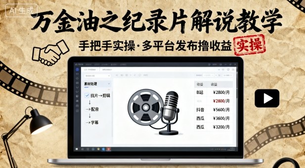 万金油之纪录片解说教学，手把手教你，完全实操，多平台发布撸收益-沐风资源库