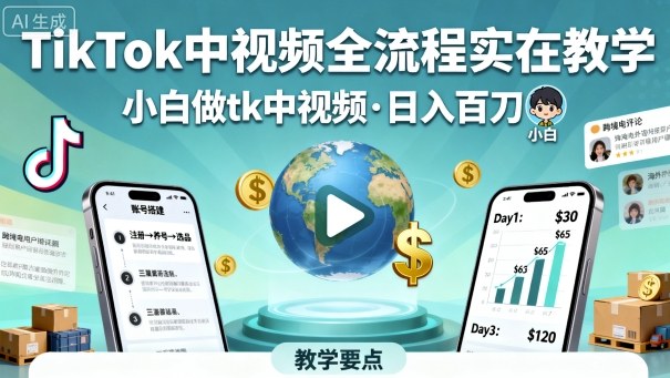 TikTok中视频全流程实操教学，小白做tk中视频，日入百刀-沐风资源库